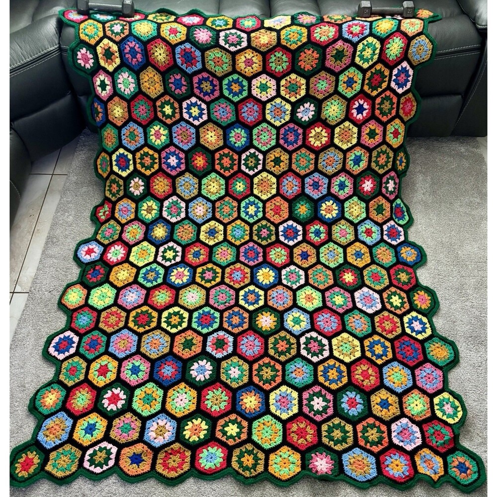 Vintage Handmade Crochet Afghan Blanket Granny Hexagon Floral Multicolor 58x76